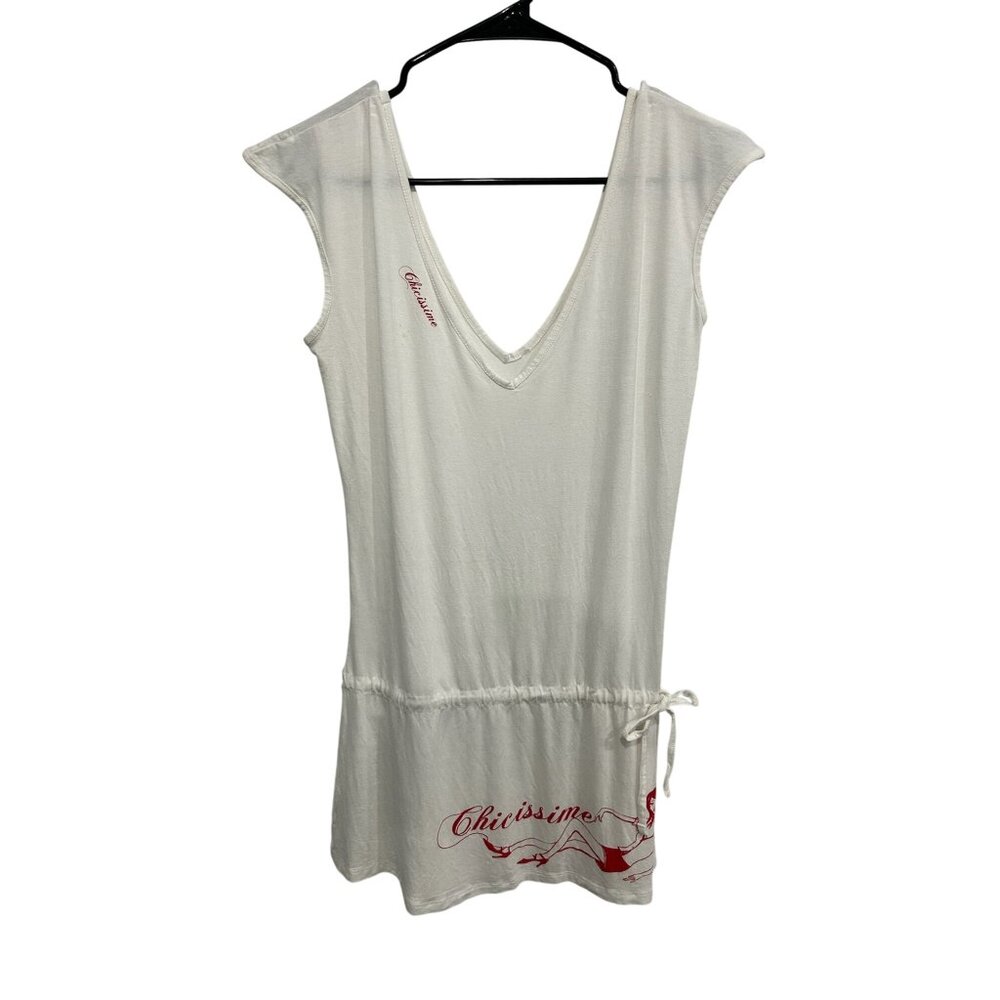 Jennyfer White Red Graphic V-Neck Drawstring Tunic Dress Size Large Indie Retro